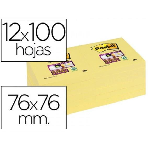 Bloc de notas adhesivas quita y pon post-it super sticky 76x76 mm con 12 bloc amarillo canario