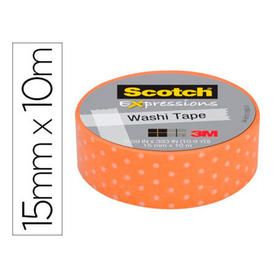 Cinta adhesiva scotch washi tapes puntos naranja 10 mt x 15 mm