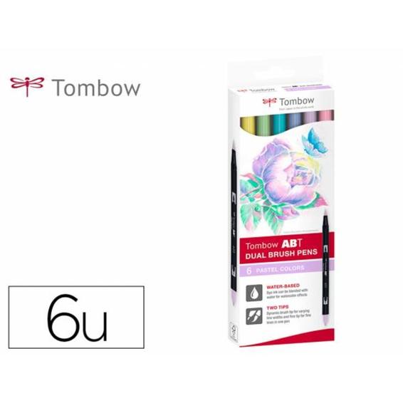 165197 - Rotulador tombow acuarelable doble punta fina/pincel colores pastel caja de 6 unidades colores surtidos