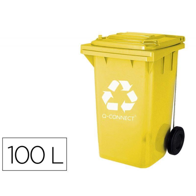 Papelera contenedor q-connect plastico amarillo para plasticos y envases metalicos 100l con tapa y ruedas 750x470x370 mm