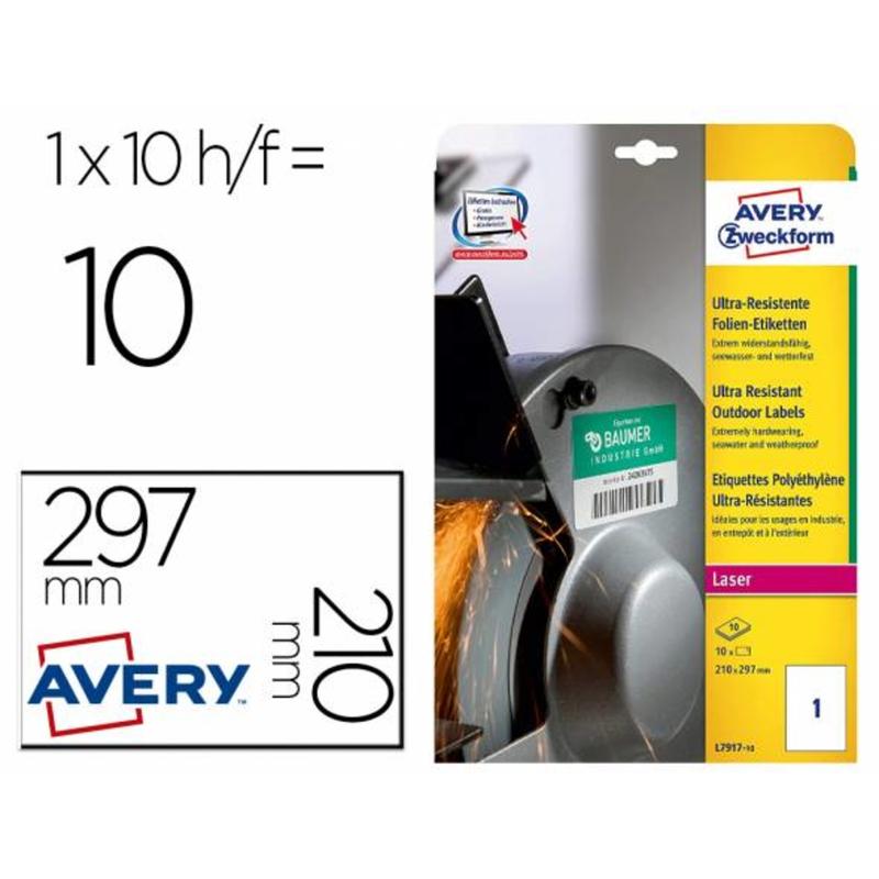 Etiqueta adhesiva avery politileno blanco permanente para laser fotocopiadora 210x297 mm blister 10 - L7917-10