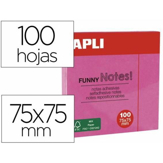 Bloc de notas adhesivas quita y pon apli 75x75 mm rosa fluorescente con 100 hojas - 11898