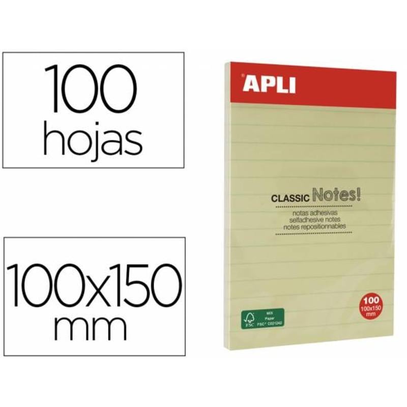 Bloc de notas adhesivas quita y pon apli 150x100 mm rayado amarillo con 100 hojas - 13370