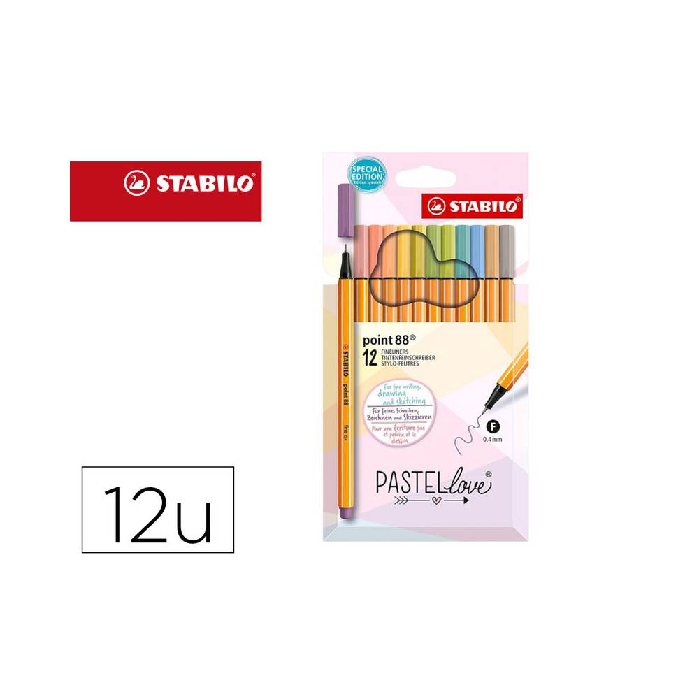 Rotulador stabilo punta de fibra point 88 pastel love estuche de carton de 12 colores surtidos