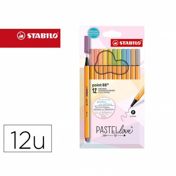 Rotulador stabilo punta de fibra point 88 pastel love estuche de carton de 12 colores surtidos