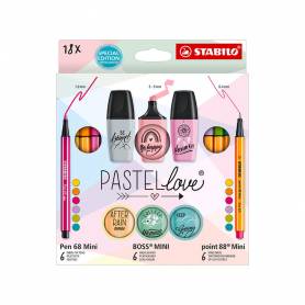 Set stabilo pastel love mini world pen 68 / point 88 / boss 18 unidades surtidas