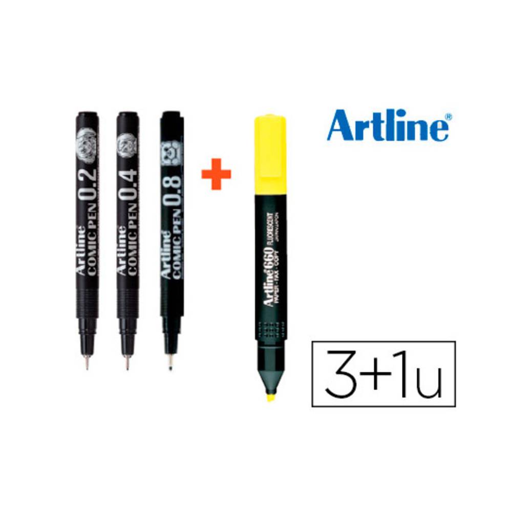 Rotulador artline comic pen calibrado micrometrico negro bolsa de 3 uds 0,2 0,4 0,8 + fluorescente 660