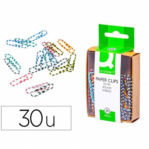 Clips colores rayados q-connect 50 mm caja de 30 unidades colores surtidos
