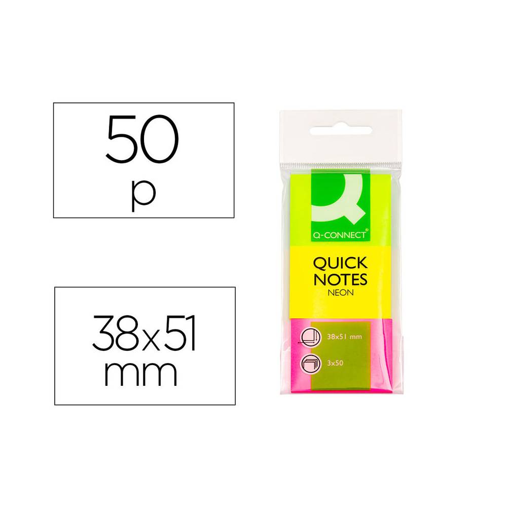 Bloc de notas adhesivas quita y pon q-connect 38x51 mm neon pack de 3 unidades con 50 hojas por color