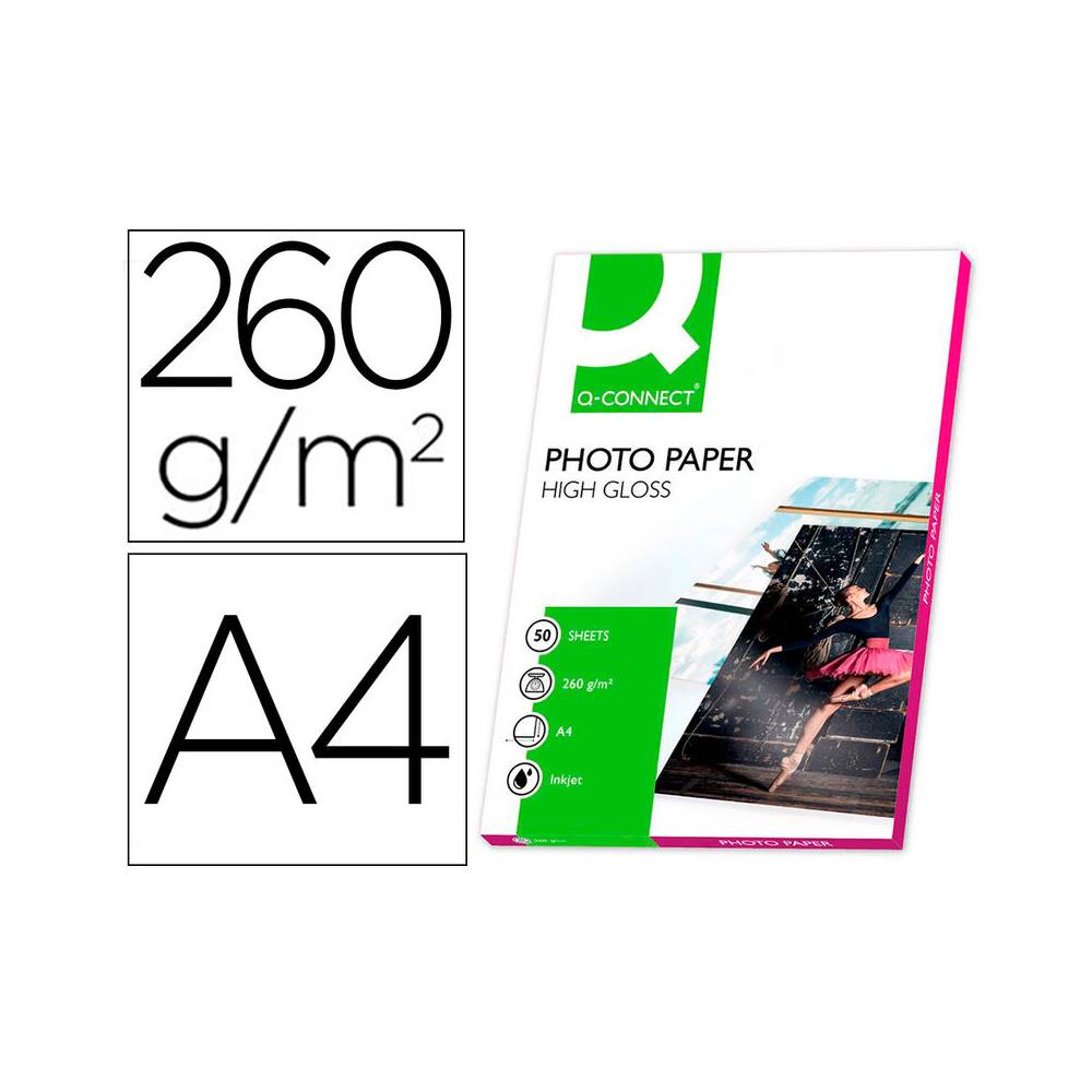 Papel q-connect foto glossy din a4 alta calidad digital photo para ink-jet bolsa de 50 hojas de 260 gr