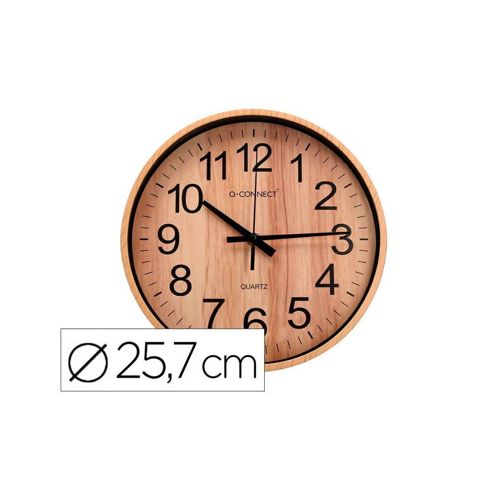 Reloj q-connect de pared de plastico redondo 25,7 cm movimiento silencioso color madera natural