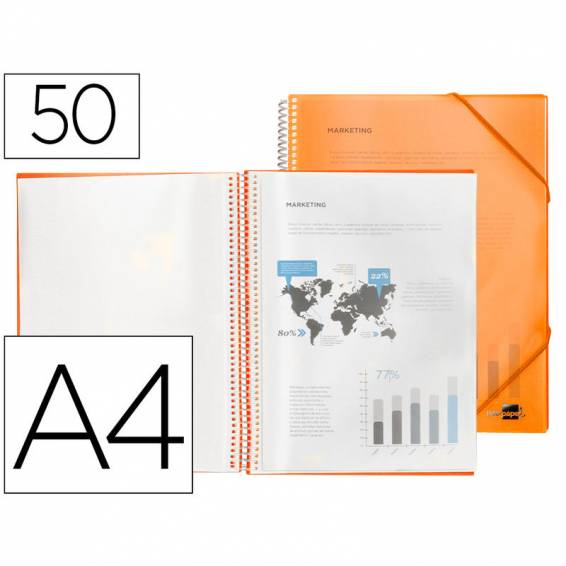 Carpeta liderpapel escaparate con espiral 50 fundas polipropileno din a4 naranja