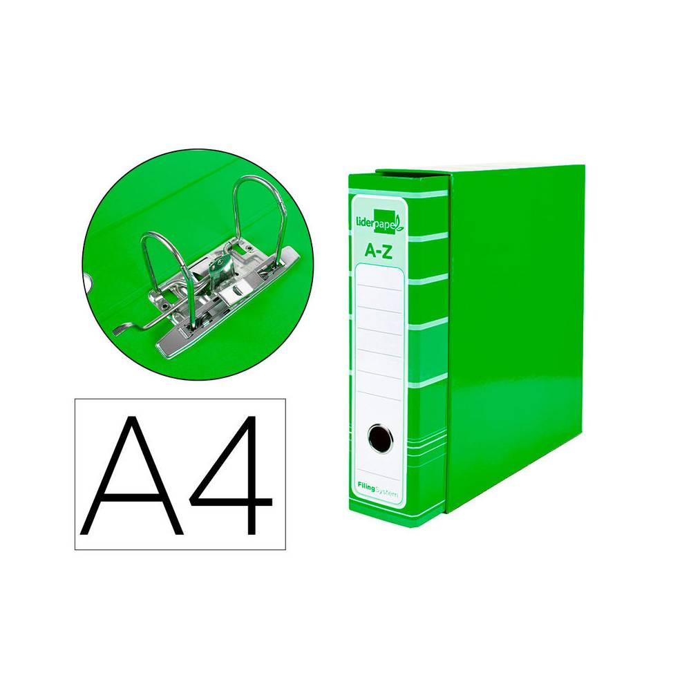Archivador de palanca liderpapel a4 filing system forrado sin rado lomo 80mm verde con caja y compresor metalico