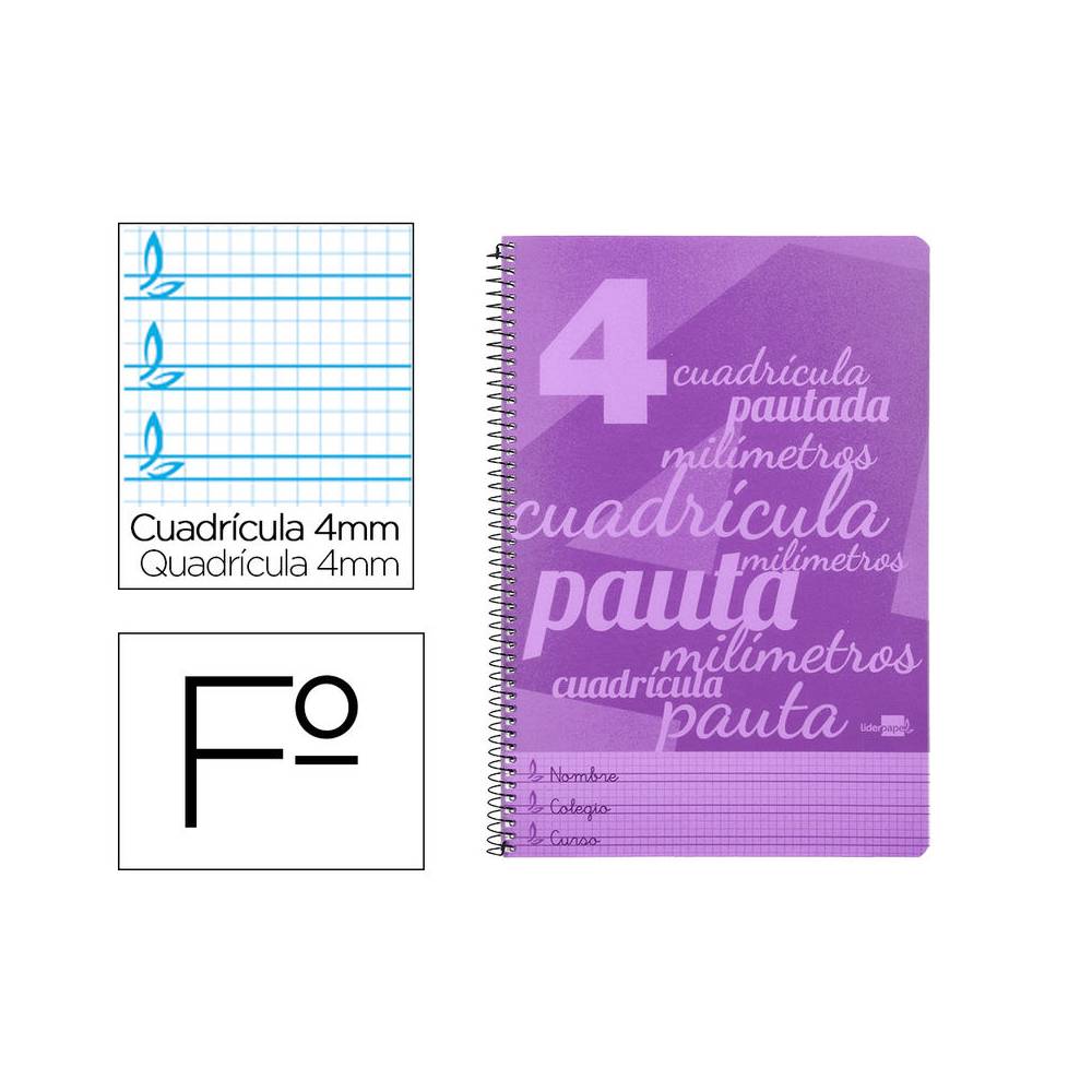 Cuaderno espiral liderpapel folio pautaguia tapa plastico 80h 75gr cuadro pautado 4mm con margen color violeta