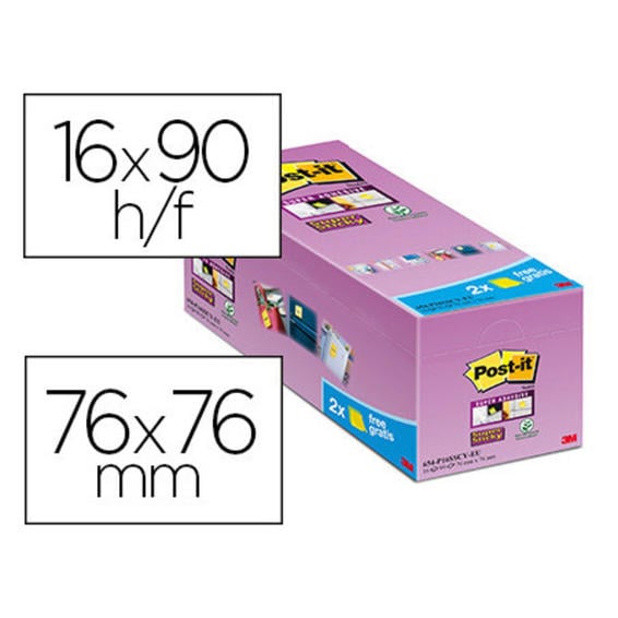 Bloc de notas adhesivas quita y pon post-it super sticky amarillo canario 76x76 mm pack de 16 unidades