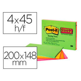 Bloc de notas adhesivas quita y pon post-it super sticky 200x149 mm 45 hojas pack de 4 bloc colores surtidos