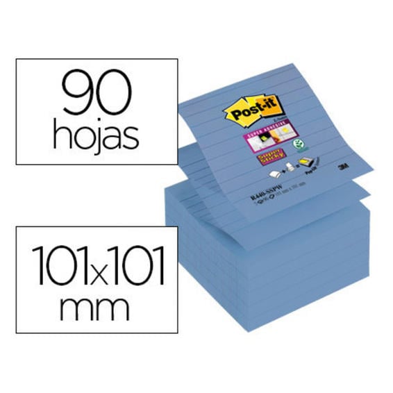 Bloc de notas adhesivas quita y pon post-it super sticky rayado 101x101mm 90 hojas z-notes azul