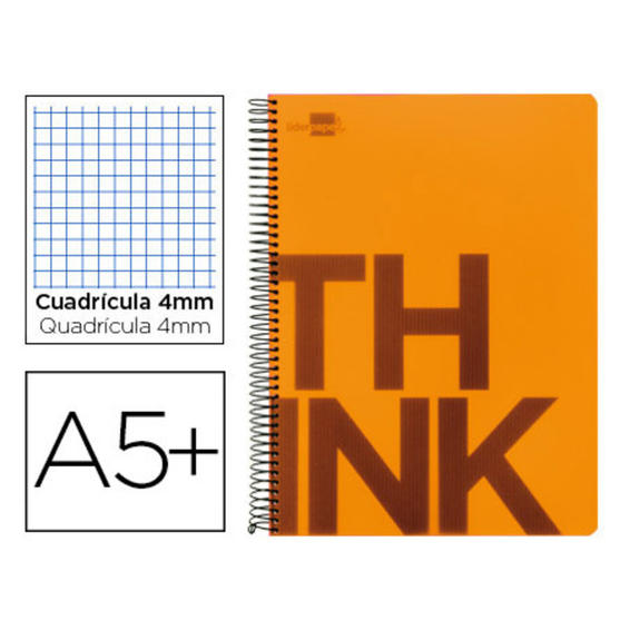 Cuaderno espiral liderpapel cuarto think tapa plastico 80h 80 gr cuadro 4mm con margen color naranja