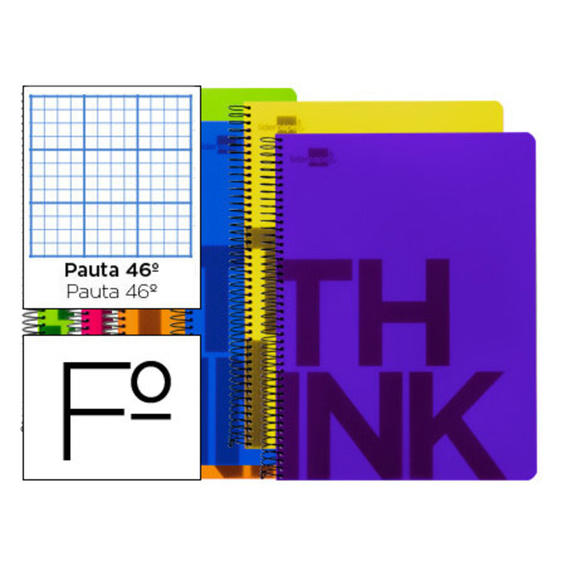 Cuaderno espiral liderpapel folio think tapa plastico 80h 80 gr rayado nº 46 6 colores surtidos