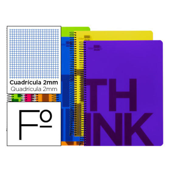 Cuaderno espiral liderpapel folio think tapa plastico 80h 80 gr milimetrado 6colores surtidos