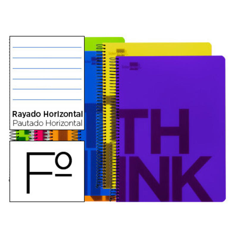 Cuaderno espiral liderpapel folio think tapa plastico 80h 80 gr horizontal con margen 6 colores surtidos