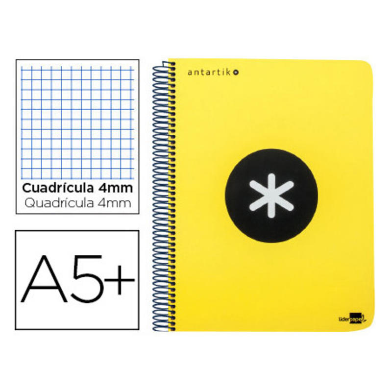 Cuaderno espiral liderpapel a5 antartik tapa dura 80h 100 gr cuadro 5mm con margen color amarillo