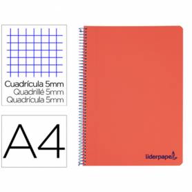 Cuaderno espiral liderpapel a4 micro wonder tapa plastico 120h 90 gr cuadro 5 mm 5 bandas 4 taladros color rojo