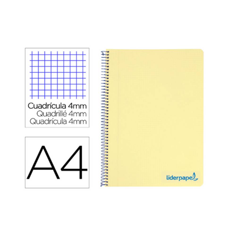 Cuaderno espiral liderpapel a4 wonder tapa plastico 80h 90gr cuadro 4mm con margen color amarillo