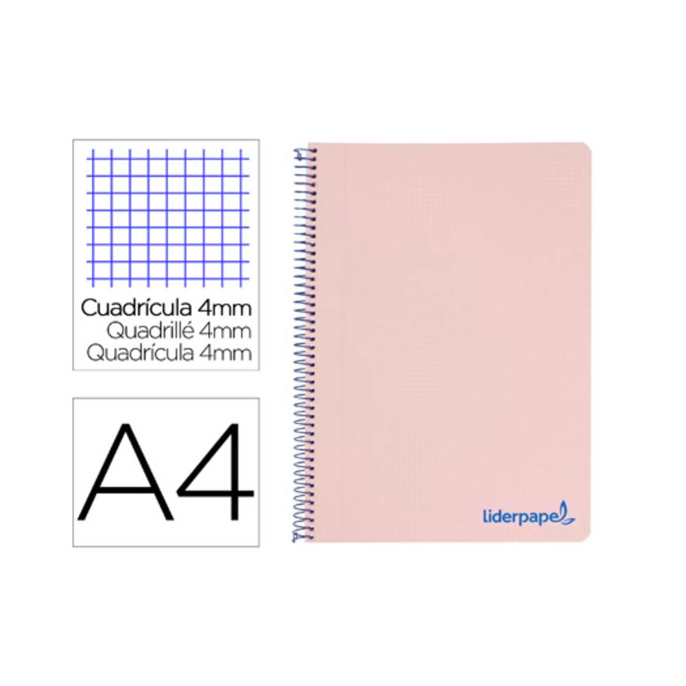 Cuaderno espiral liderpapel a4 wonder tapa plastico 80h 90gr cuadro 4mm con margen color rosa