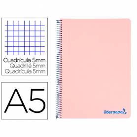 Cuaderno espiral liderpapel a5 micro wonder tapa plastico 120h 90g cuadro 5mm 5 bandas 6 taladros color rosa