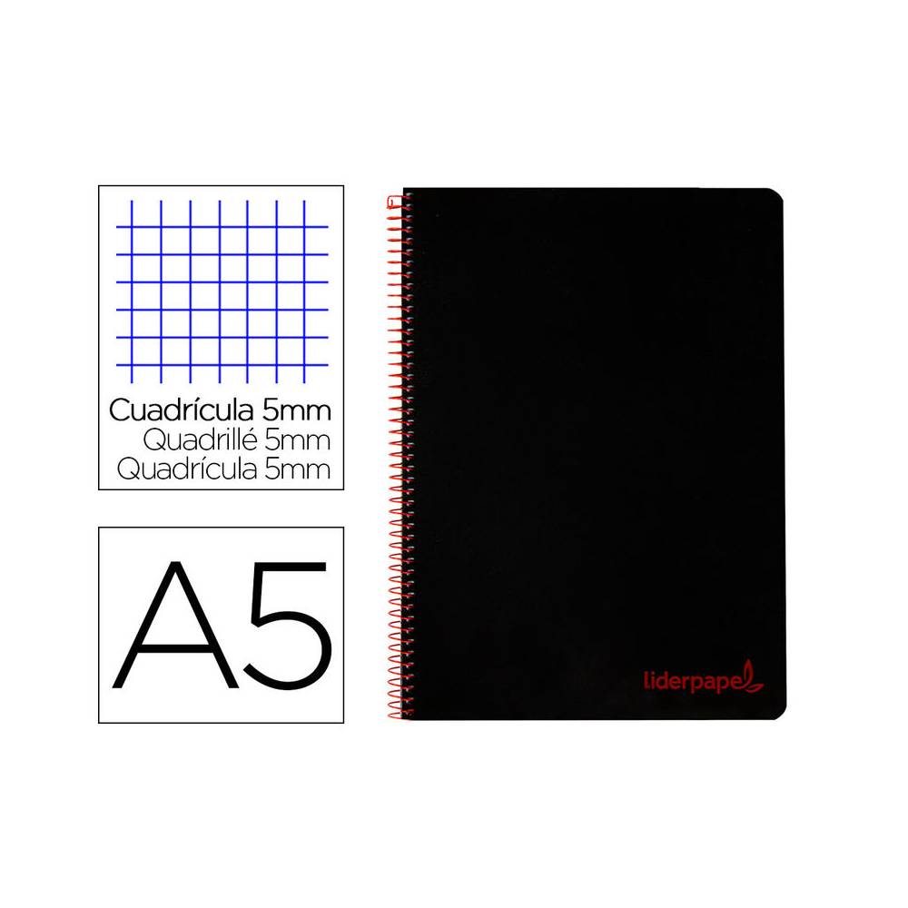 Cuaderno espiral liderpapel a5 micro wonder tapa plastico 120h 90g cuadro 5mm 5 bandas 6 taladros color negro