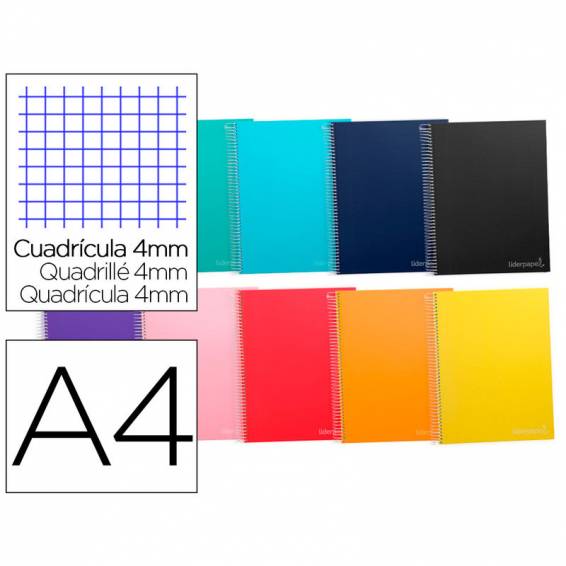Cuaderno espiral liderpapel a4 micro jolly tapa forrada 140h 75 gr cuadro 4mm 5 bandas4 taladros colores surtidos