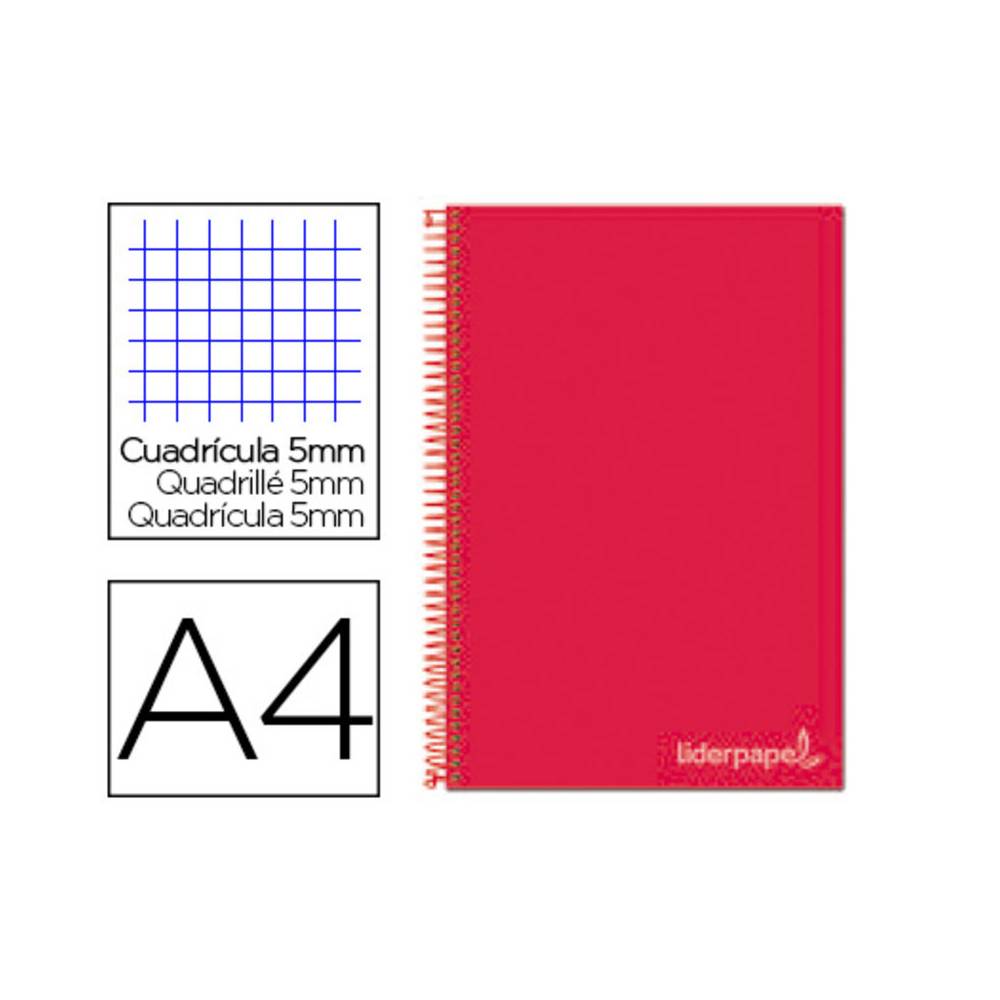 Cuaderno espiral liderpapel a4 micro jolly tapa forrada 140h 75 gr cuadro 5mm 5 bandas 4 taladros color rojo
