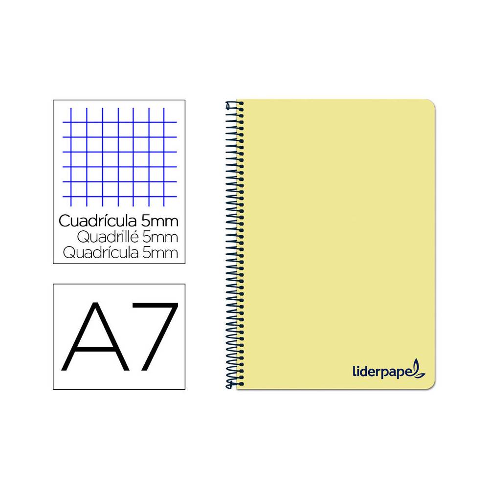 Cuaderno espiral liderpapel a7 micro wonder tapa plastico 100h 90 gr cuadro 5mm 4 bandas color amarillo
