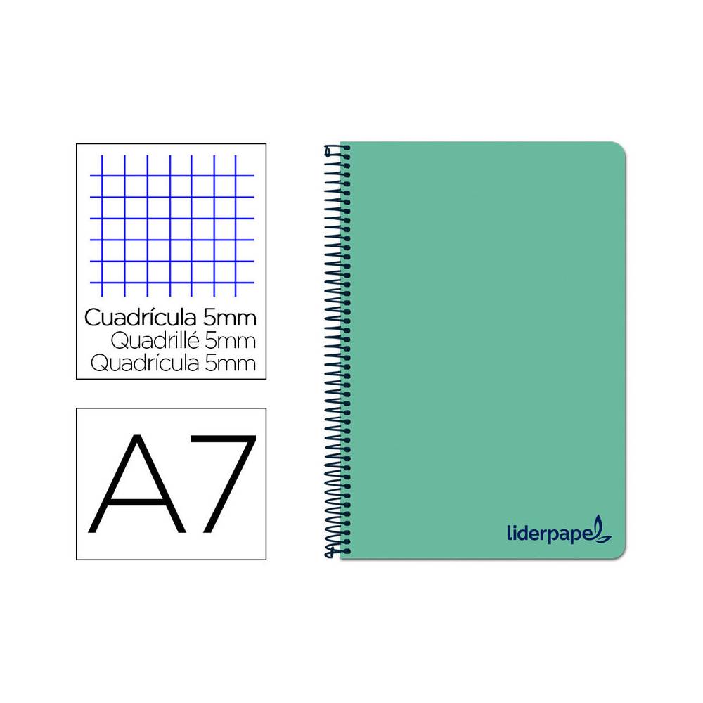 Cuaderno espiral liderpapel a7 micro wonder tapa plastico 100h 90 gr cuadro 5mm 4 bandas color verde