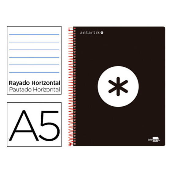 Cuaderno espiral liderpapel a5 micro antartik tapa plastico 120h 100 gr horizontal 5 bandas 6 taladros color negro