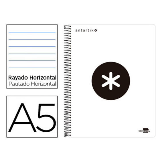 Cuaderno espiral liderpapel a5 micro antartik tapa plastico 120h 100 gr horizontal 5 bandas 6 taladros color blanco