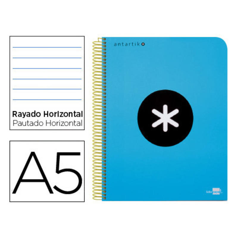 Cuaderno espiral liderpapel a5 micro antartik tapa plastico 120h 100 gr horizontal 5 bandas 6 taladros color azul