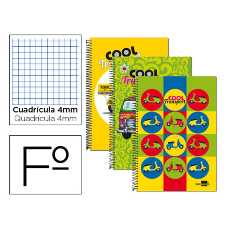 Cuaderno espiral liderpapel folio 80h cuadro 4mm tapa blanda 60 gr fantasia cool transports