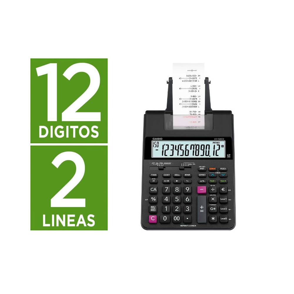 Calculadora casio hr-150rce impresora pantalla lc papel 58 mm impresion bicolor 12 digitos ac/dc color negro