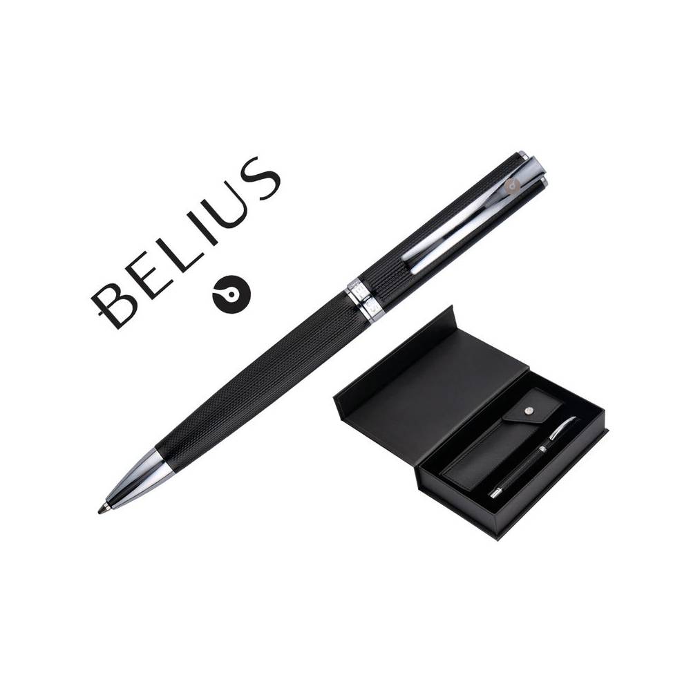 Boligrafo y estuche belius turbo aluminio textura punteada negro y plateado tinta azul caja de diseño - BB248