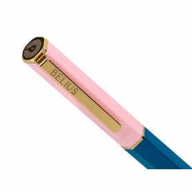 Boligrafo belius macaron bliss forma hexagonal color rosa  azul y dorado tinta azul caja de diseño - BB298