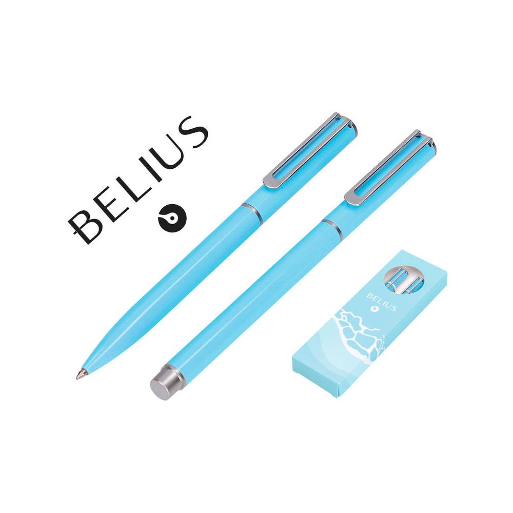 Juego boligrafo y roller belius endless summer aluminio color celeste y plateado tinta azul caja de diseño - BB313