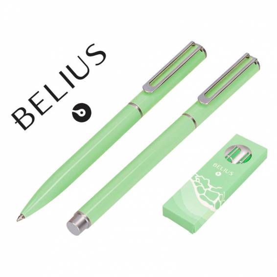 Juego boligrafo y roller belius endless summer aluminio color verde y plateado tinta azul caja de diseño - BB314