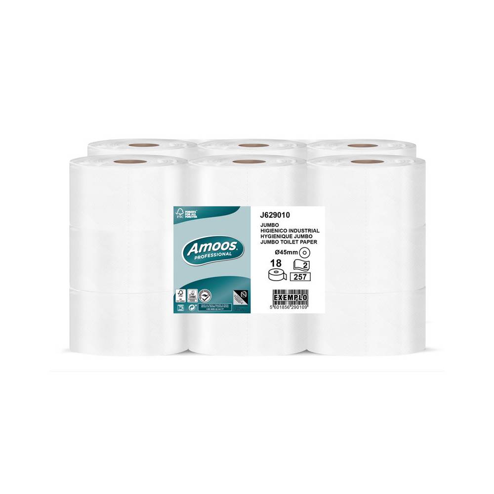 Papel higienico amoos jumbo industrial 2 capas 30g m2 paquete de 18 rollos - J629010