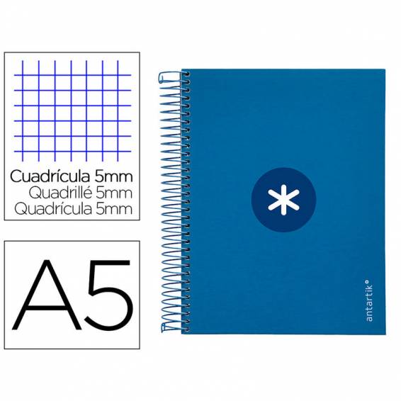 Cuaderno espiral liderpapel a5 micro antartik tapa forrada120h 90 gr cuadro 5mm 5 bandas6 taladros color azul oscuro