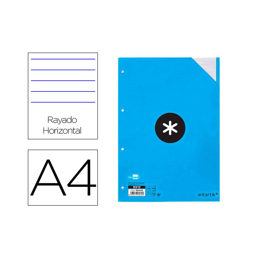 Recambio liderpapel a4 100 hojas 100g/m2 rayado horizontal 4 taladros bandas de 5 colores antartik