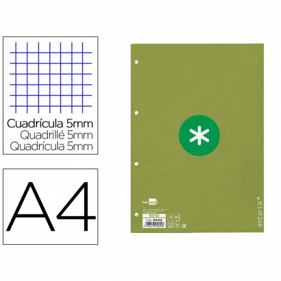 Recambio liderpapel a4 antartik 80 hojas 90g/m2 cuadro 5mm 4 taladros 1 banda con marco color verde