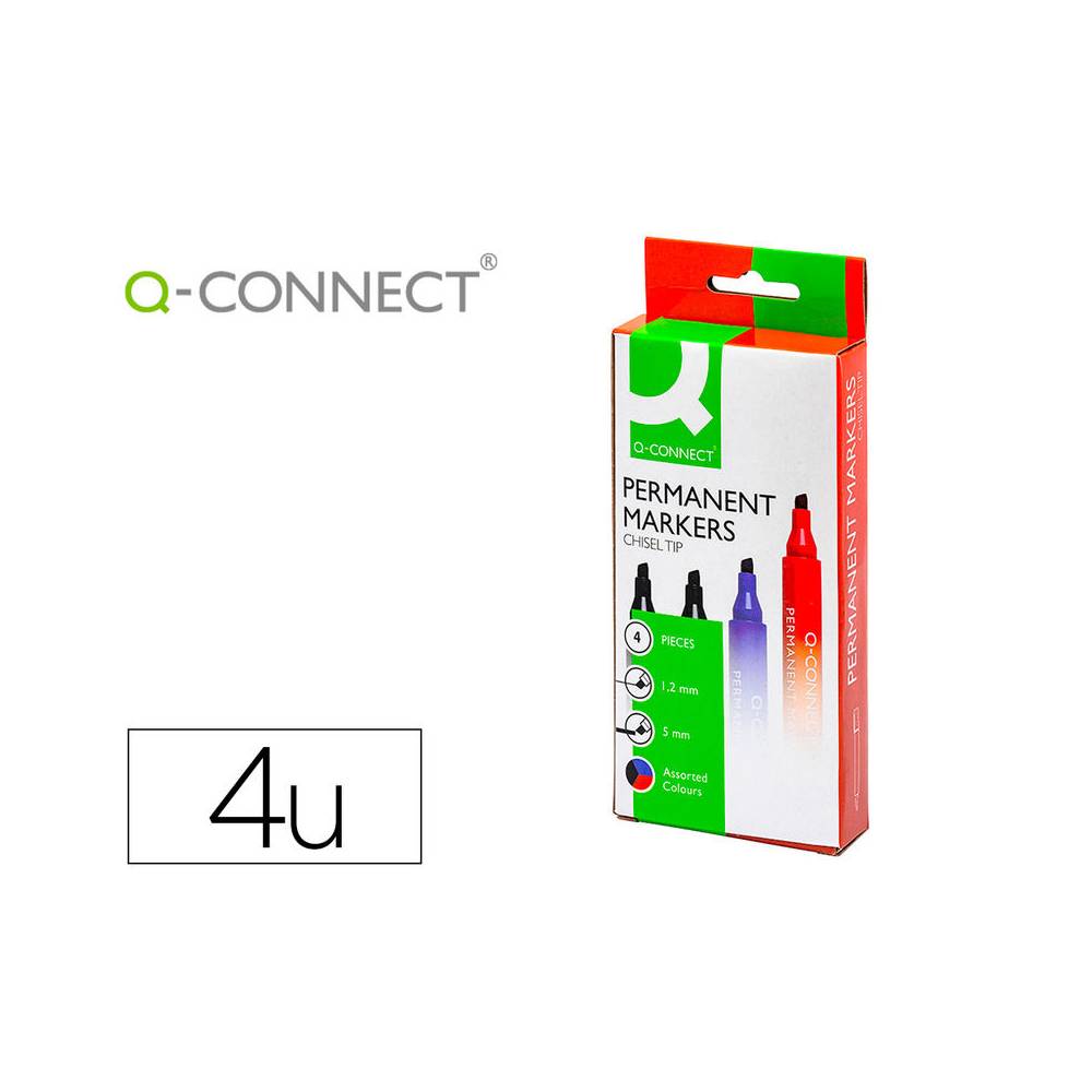 Rotulador q-connect marcador permanente estuche de 4 colores surtidos punta biselada 5 mm