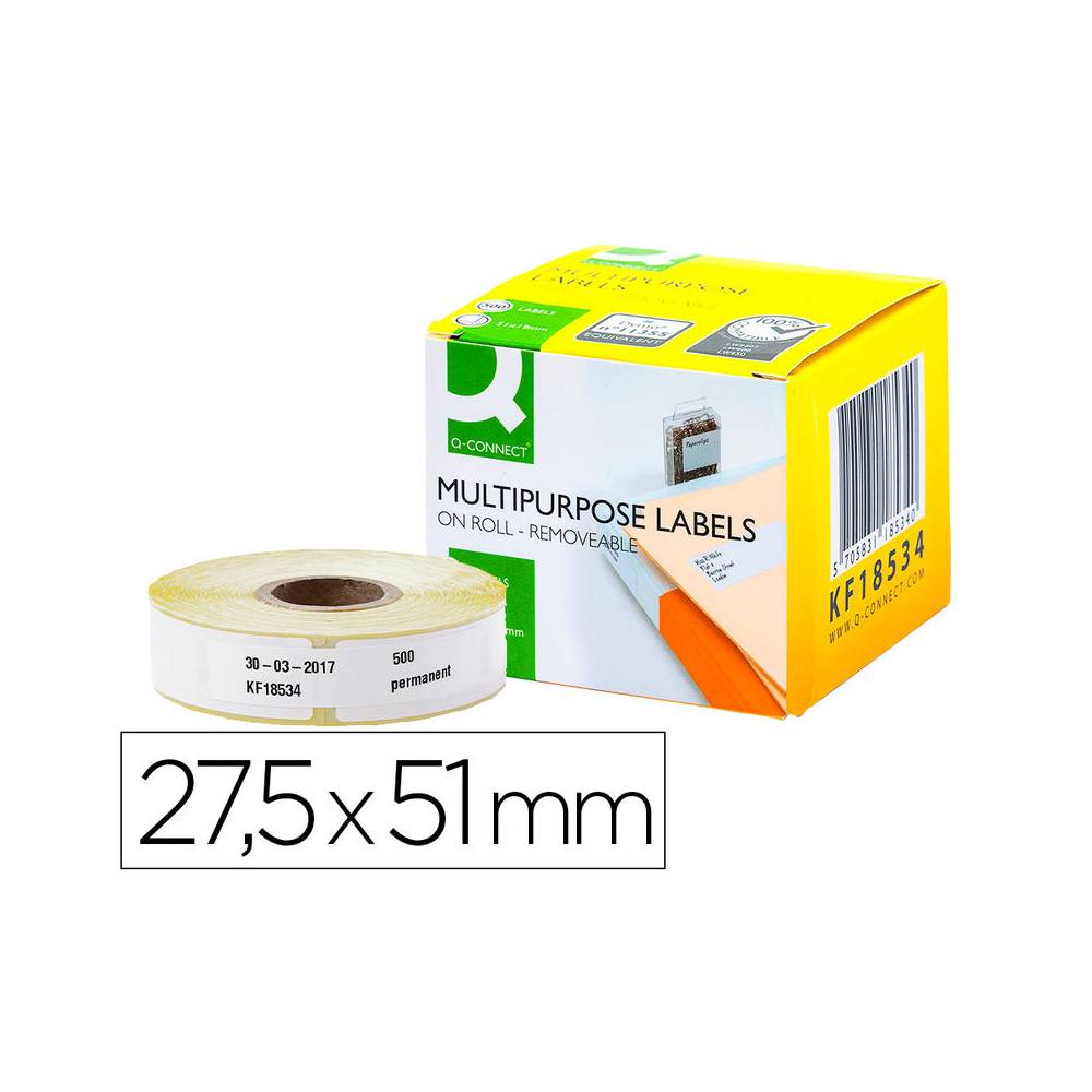 Etiqueta adhesiva removible q-connect kf18534 compatible dymo 11355 tamaño 27,5x51 mm caja con 500 etiquetas